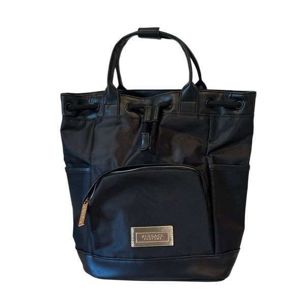 Versace Handbags - Versace Parfums Black Nylon Backpack Gold Logo Greek Key Straps NWOT